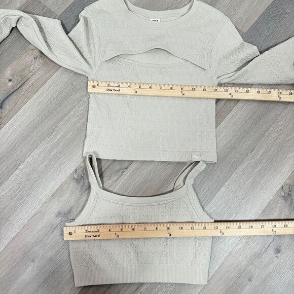 JoyLab Textured Seamless Three Piece Top Bra Leggings Set Beige Tan Small XS - Picture 10 of 14